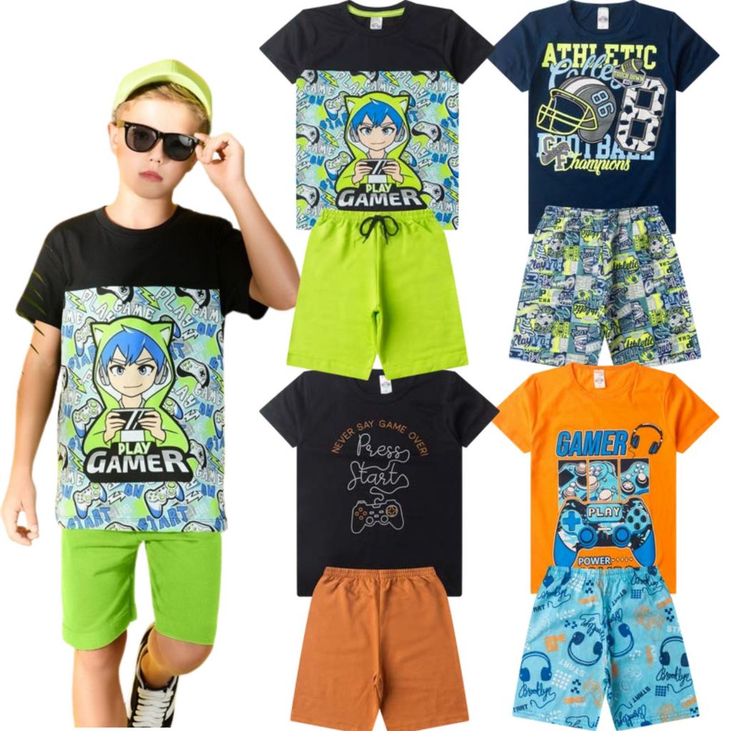 Kit 6 Peças de Roupa Infantil Menino Verão - 3 Conjuntos Menino Infantil Estampas Sortidas - 3 Camisetas + 3 Bermudas