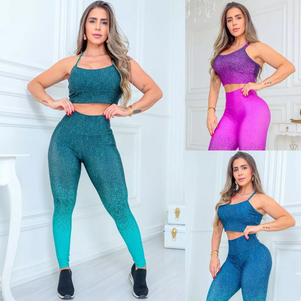 Conjunto Feminino Degrade Legging Modela Cintura + Top com Bojo Removível Academia Fitness Promoção — imagem 1