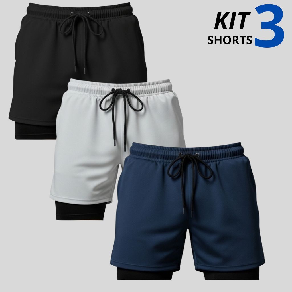Kit 3 Shorts 2 Em 1 Masculino Dry Fit Com Bolso Interno E Compressão Academia Corrida