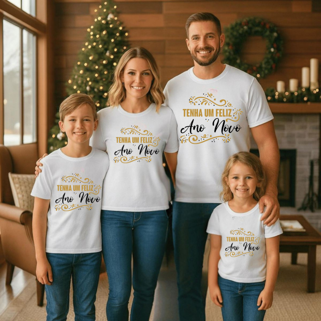 Blusas Família Feliz Ano Novo Feminina Masculina e Infantil Estampa Personalizada Para O Final Do Ano