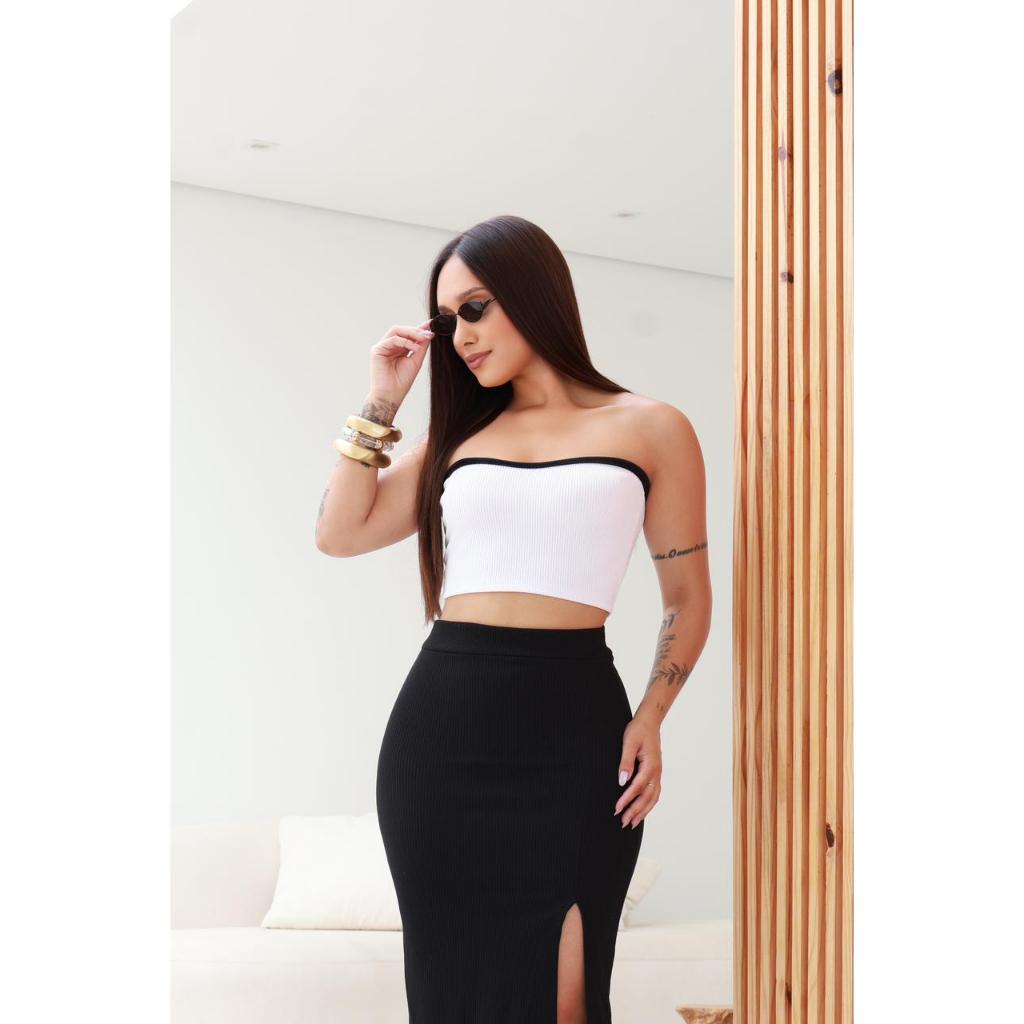 Conjunto Feminino cropped Tomara que Caia com bojo /Saia Mídi com Fenda "'Tendencia'"