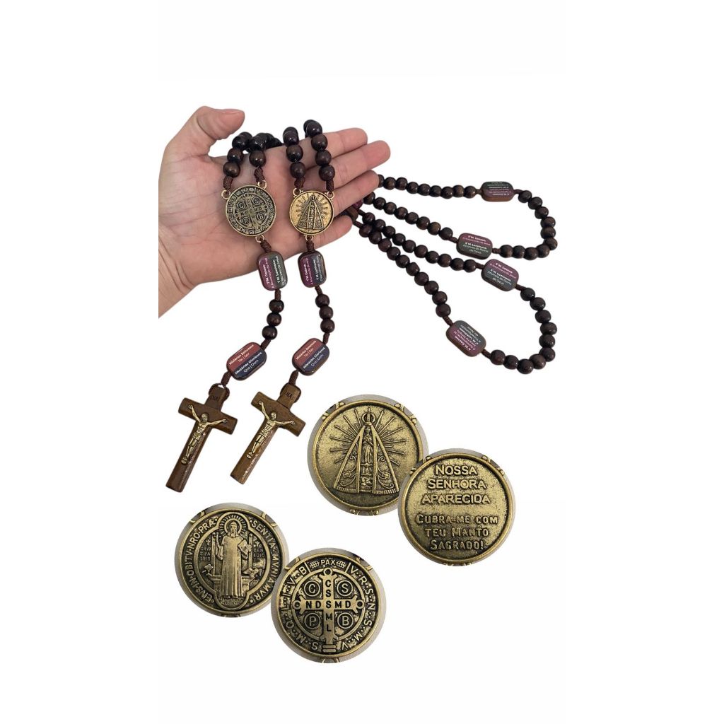 Terço de madeira  Contemplação dos mistérios do Rosário - 50 cm em Oferta na Shopee