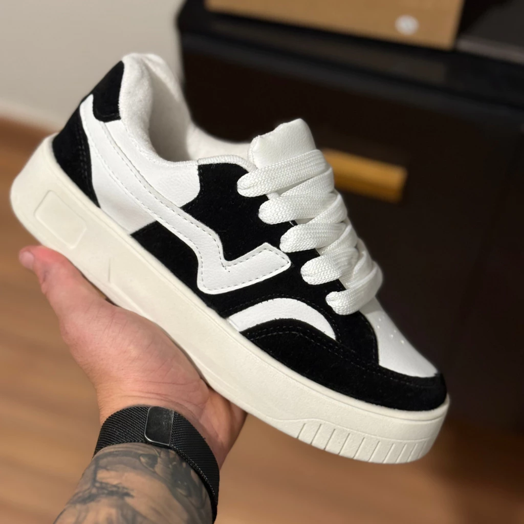 Tênis New Black Flow Feminino Branco Camurça Antiderrapante Solado Macio Fashion