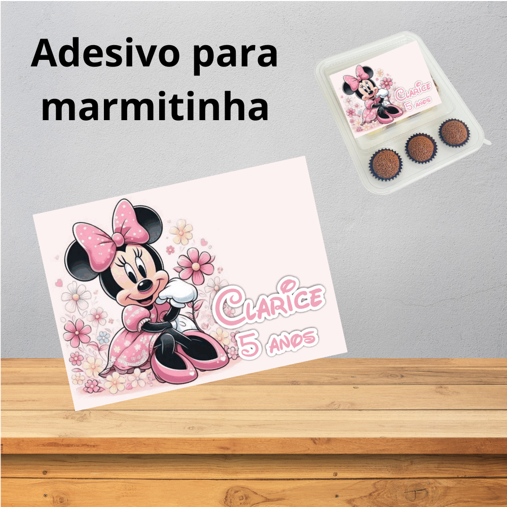 Adesivo para Marmitinha Minnie Rosa - Rótulo adesivo para marmita modelo bolo e 3 doces