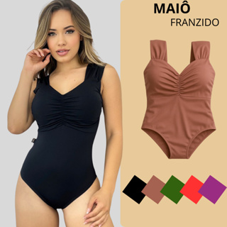 Maiô Body Feminino Moda Praia Bojo Franzido Alça Larga Forrado De Banho em Oferta na Shopee
