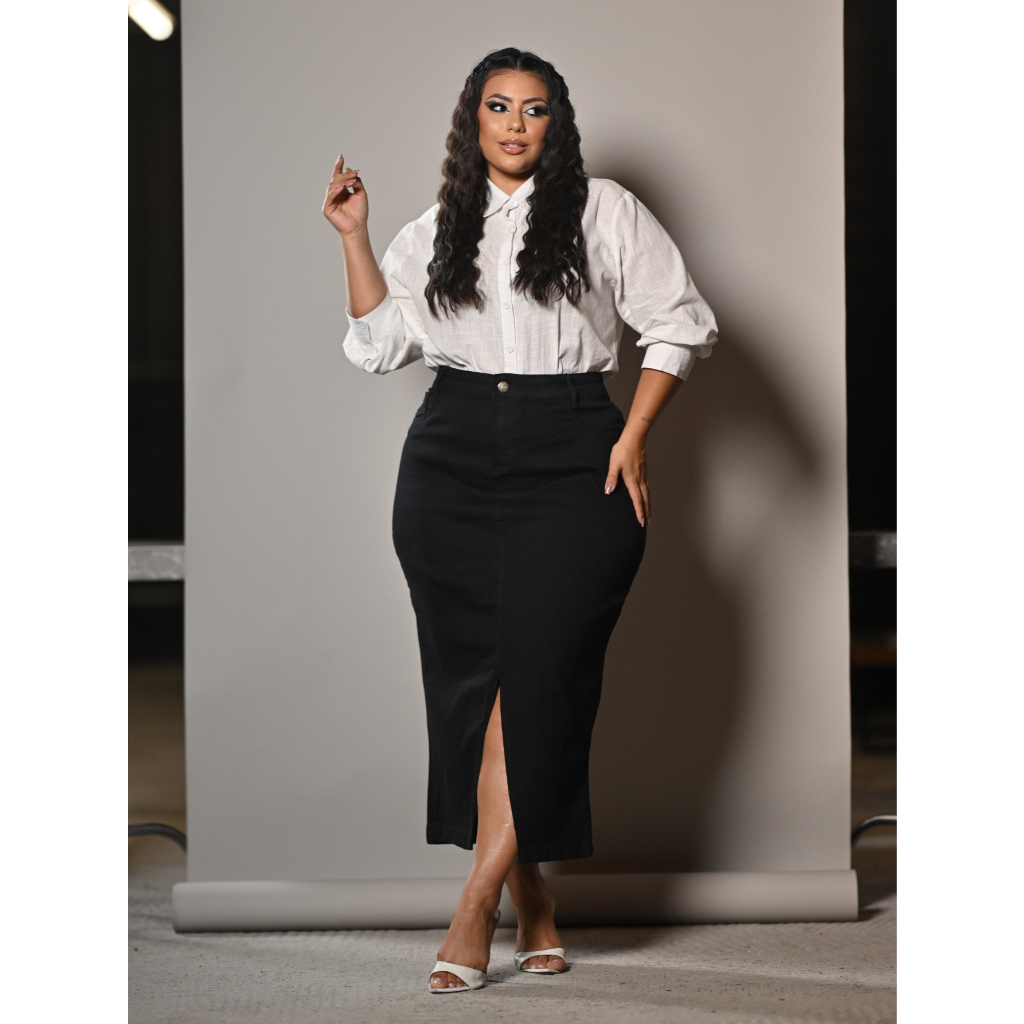 Saia Jeans Feminina Plus Size Cintura Alta Abertura na Frente e Atrás com Elastano Saia Blogueira