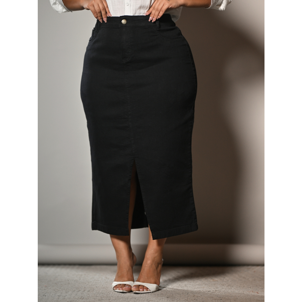 Saia Jeans Feminina Plus Size Cintura Alta Abertura na Frente e Atrás com Elastano Saia Blogueira