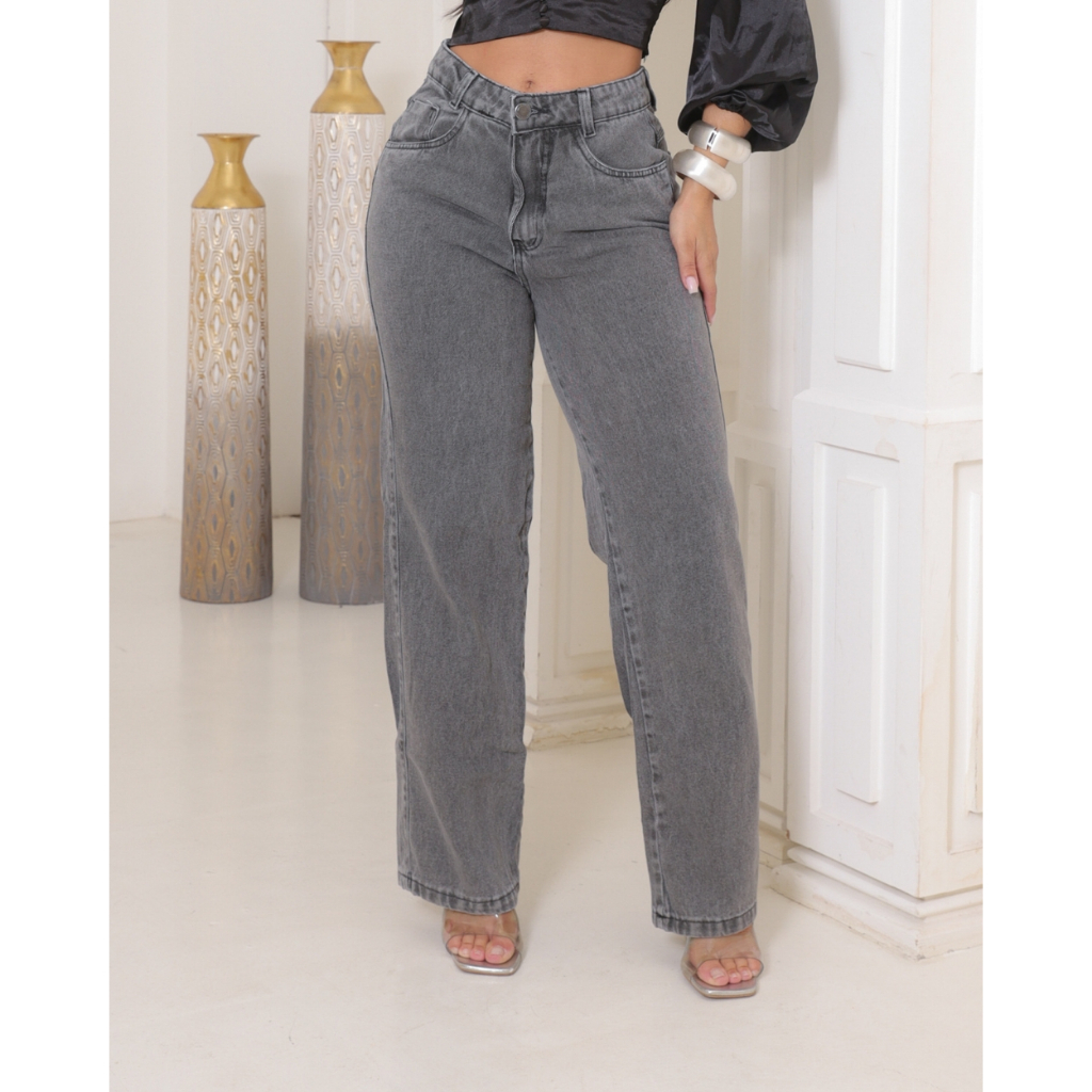 Calça Jeans Feminina Wide Leg Cintura Alta Sem Lycra Pantalona Marmorizada Confortável Sofisticada