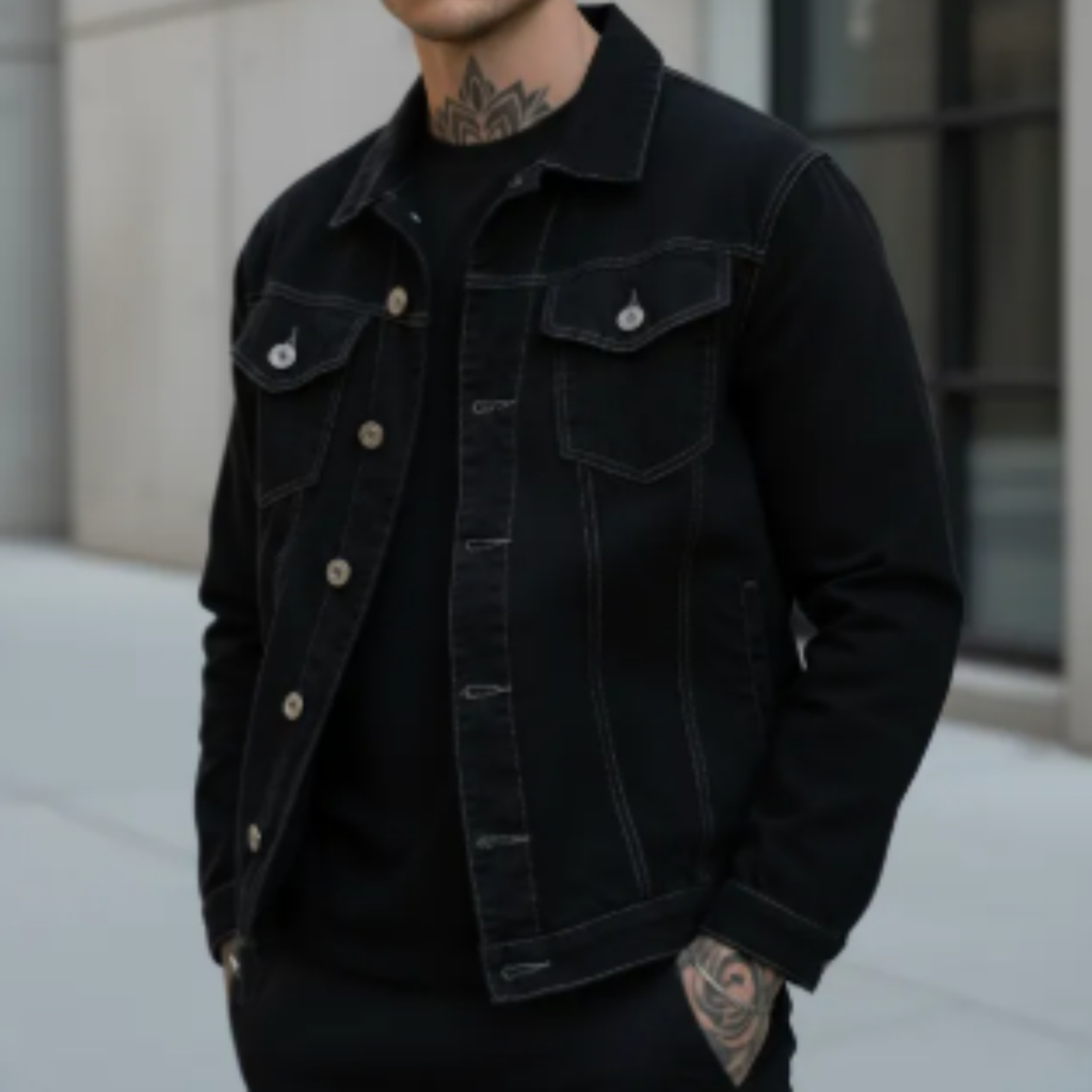 Jaqueta Preta Com Costura Branca Invertida Sarja Masculina