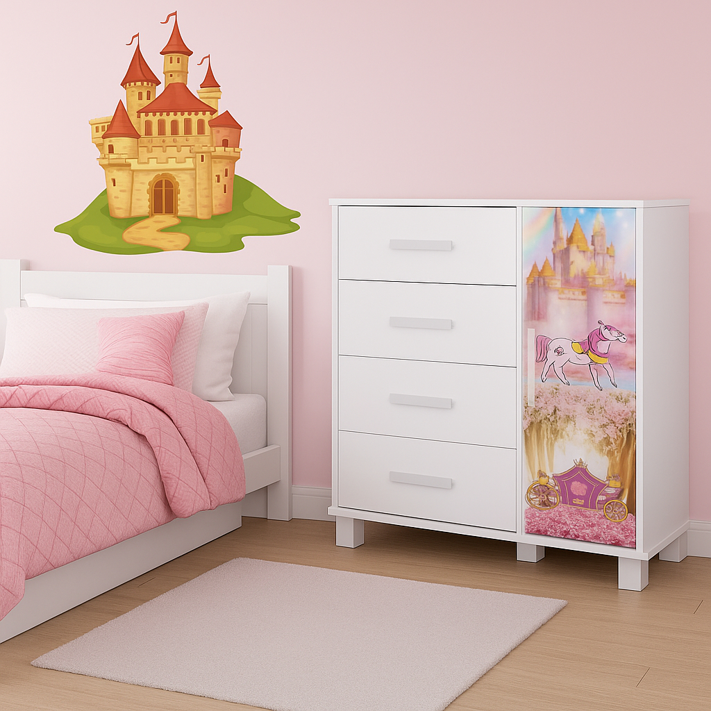 Cômoda Lívia Carros Princesas Infantil 4 Gavetas Com Porta 100% MDF Adesivada Quarto Menina e Menino