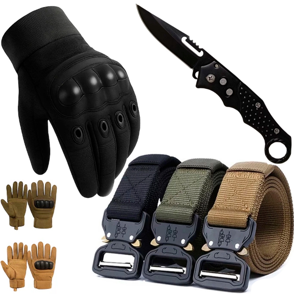 Kit Par Luva Tática +  Cinto Engate Rapido + Canivete Dobravel Com trava Automatico
