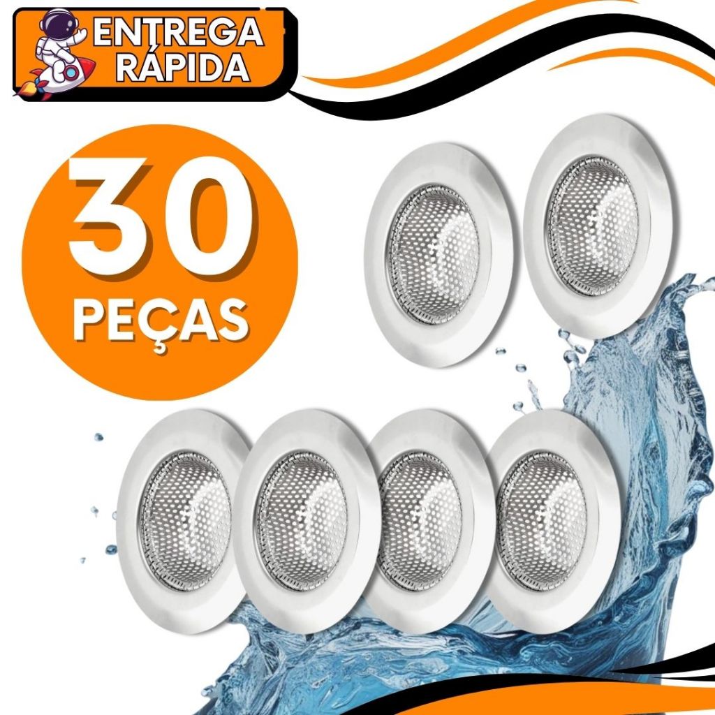 KIT JOGO 30 Ralo 7cm para Pia Prime Aço Inox com Borda Cozinha Ralinho Proteção Pia Tanque Cestinha