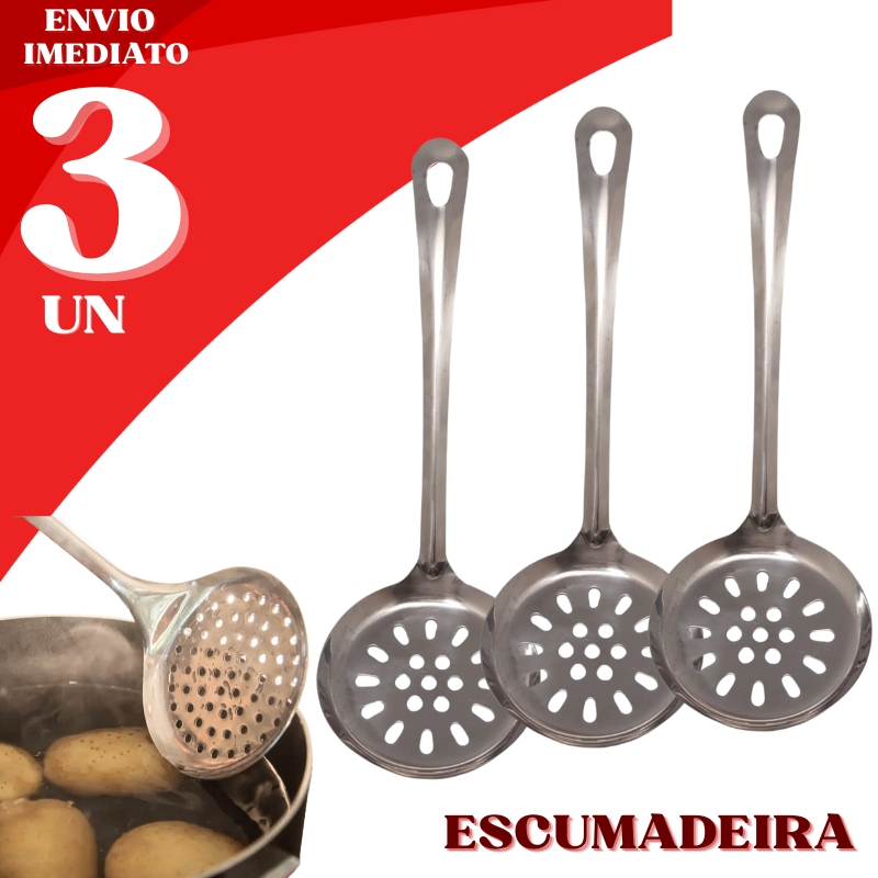 Jogo 3 Escumadeira em Aço Inox Arroz Fritura Profissional Multiuso Cozinha Restaurante Furo