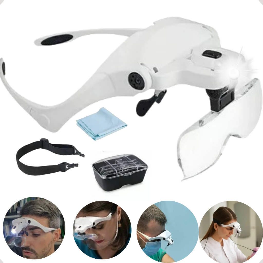 Óculos 5 Lentes de Aumento Profissional Lupa 2 LEDs Luz Leitura Estética Cílios