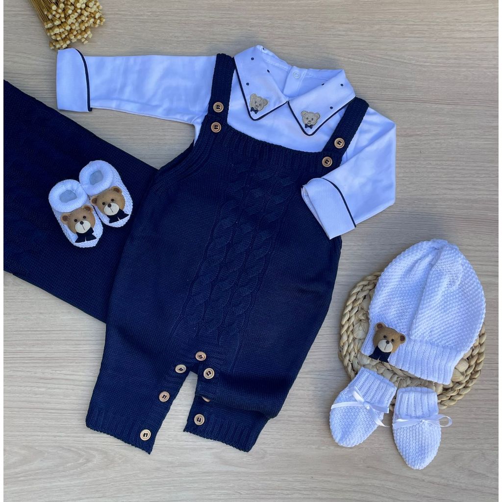 Saída de Maternidade Menino Ursinho Jardineira em Tricô e Body Urso Póa Dinhos Baby em Oferta na Shopee