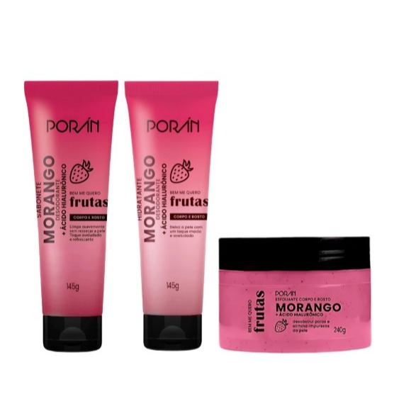 Kit Hidratante Esfoliante e Sabonete Corpo e Rosto Morango Porán