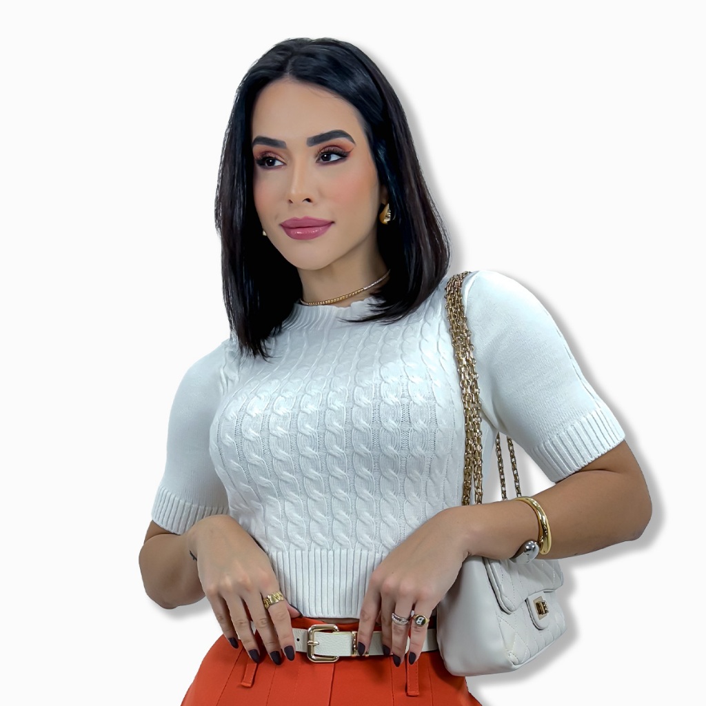 Cropped Blusa Manga Curta Tricot Modal Trançado Top Casual