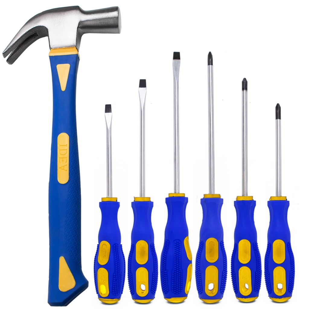 Kit Ferramentas Completo Jogo de Chave Fenda Philips e Martelo Unha Cabo Emborrachado