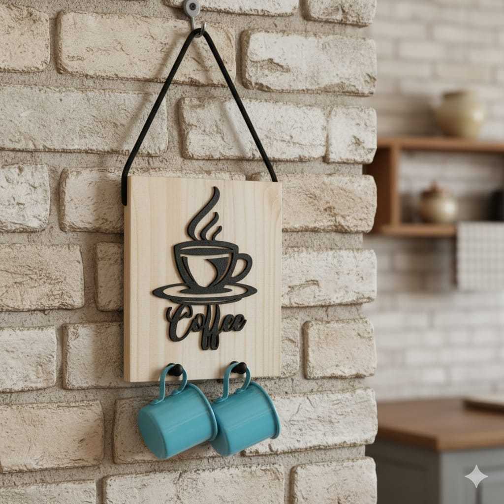 Quadro Cantinho do Café em Madeira c/ 2 Canecas Esmaltadas e Alça em Corino – Decoração Parede
