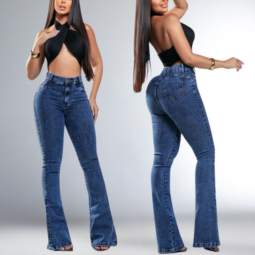 Calça Jeans Feminina Flare Cintura Alta Modeladora Cos Alto Empina Bumbum Feminino Elegância e Conforto Boca De Sino em Oferta na Shopee