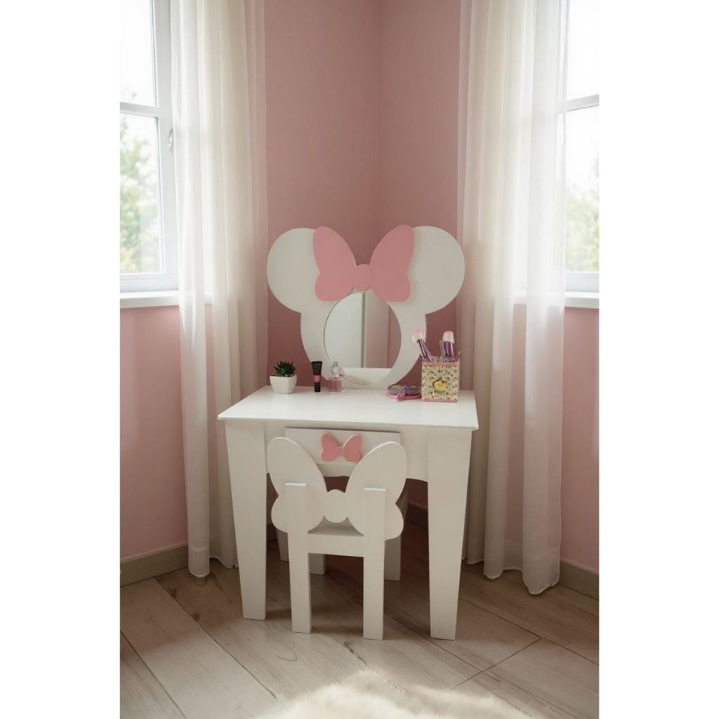 Penteadeira infantil escrivaninha com banqueta e moldura com espelho em MDF em Oferta na Shopee