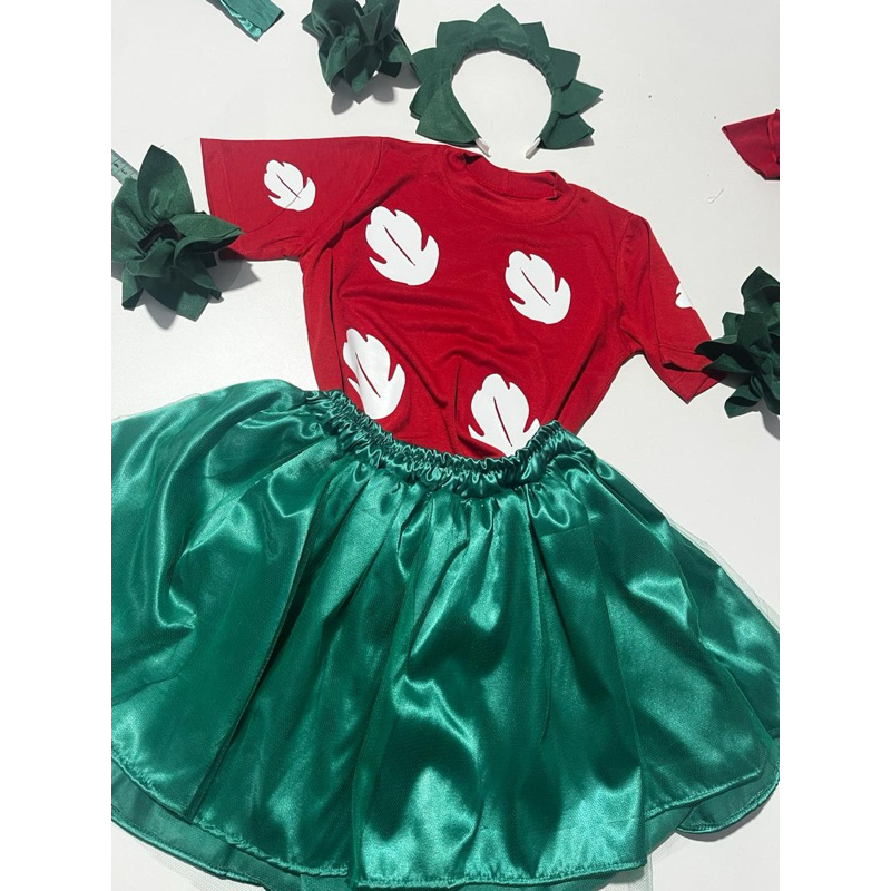 Fantasia Infantil Lilo – Saia de Cetim com Tule + Blusa Vermelha + Acessórios de Folhas | Lilo & Stitch fantasia