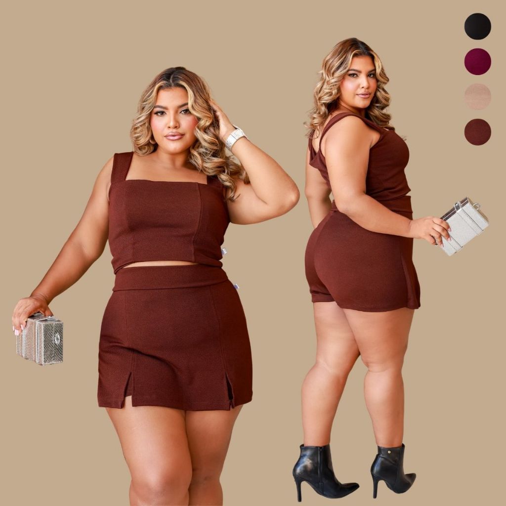 Conjunto Plus Size Feminino Short Saia Cropped Moda Casual Estilosa Frente Dupla Zero Transparência