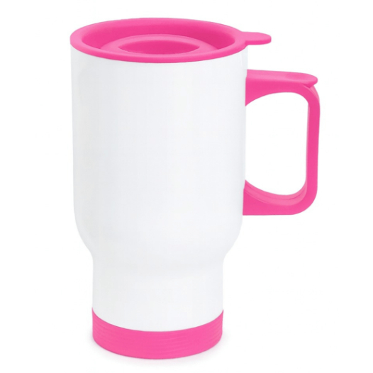 Caneca de Aço Inox Térmica P/ Sublimação Travel Mug Branca com Tampa e Alça Rosa - 450ml