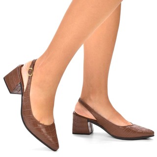 Sapato Scarpin Social Trabalho Bico Fino Feminino Donatella Salto Bloco Quadrado Alto Confortável Croco Slingback Aberto