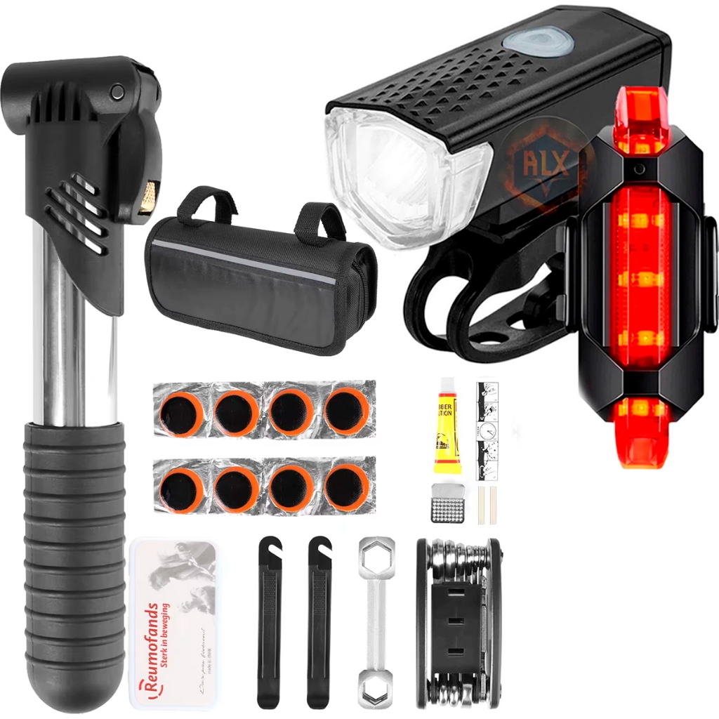 Kit Ciclismo Farol + Led traseiro – Iluminação, Ferramentas e Bolsa Multifuncional