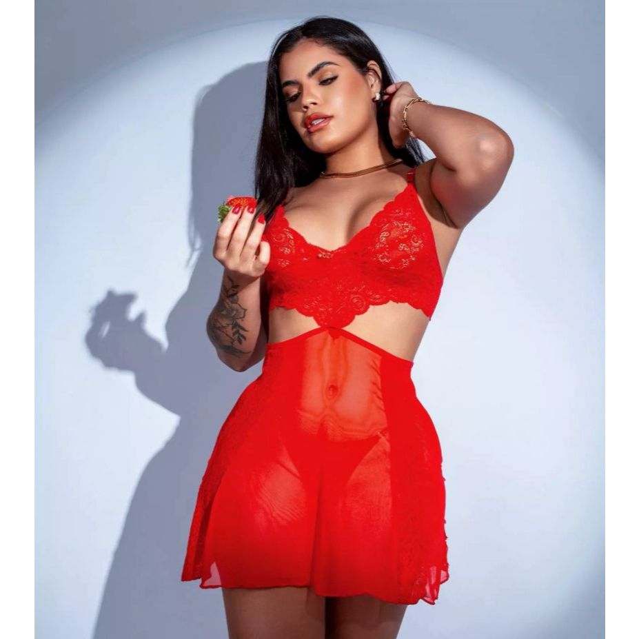 Camisola Feminina em Tule com Renda Sofisticada • Conjunto com Tanga • Moda Íntima