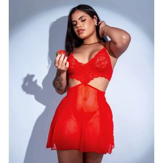 Camisola Feminina em Tule com Renda Sofisticada • Conjunto com Tanga • Moda Íntima