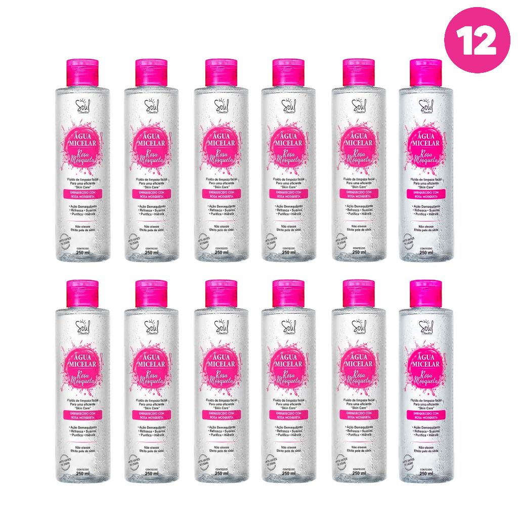 Kit Atacado 12 Água Micelar Rosa Mosqueta Soul Cosméticos | Limpeza Profunda e Revenda