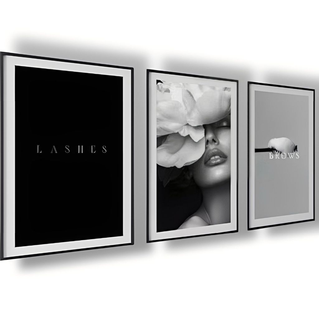 Quadro Decorativo Lashes Brows Preto Branco Arte Feminina Moderna Beleza Estética e Glamour Minimalista Salao de Beleza