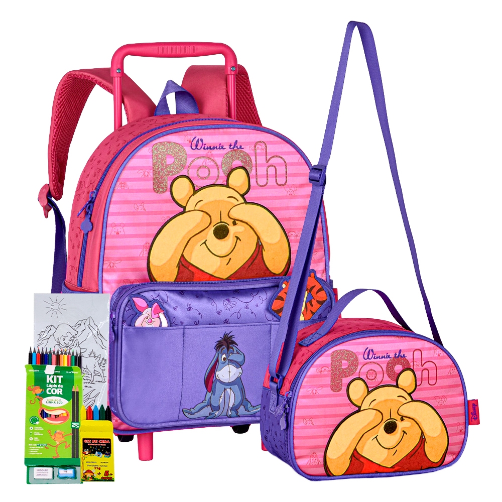 Kit Mochila Carrinho Alça Costas Lancheira Transversal Térmica Ursinho Pooh Disney Infantil Escolar