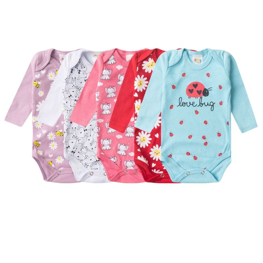 Kit 5 Peças Body Bebê Avulso Menina Verão Manga Longa Sortidas Suedine 100% Algodão P ao GG em Oferta na Shopee