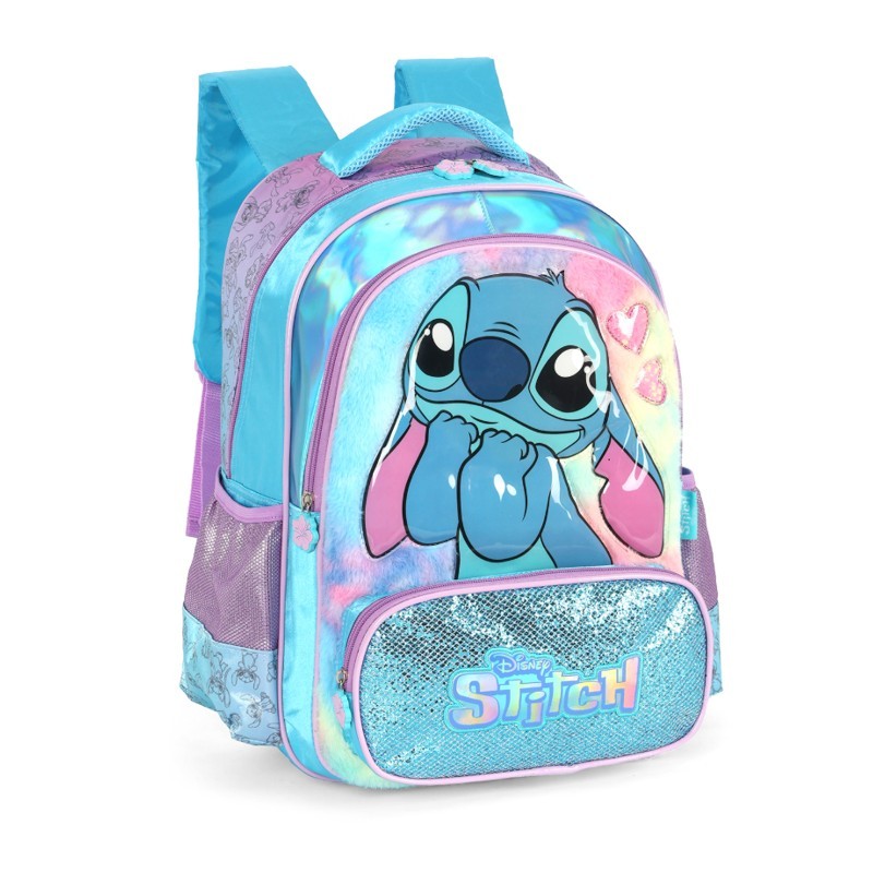 Mochila de Costas G Stitch Pelúcia & Paetê AZUL Luxcel - Fofura e Brilho Disney!