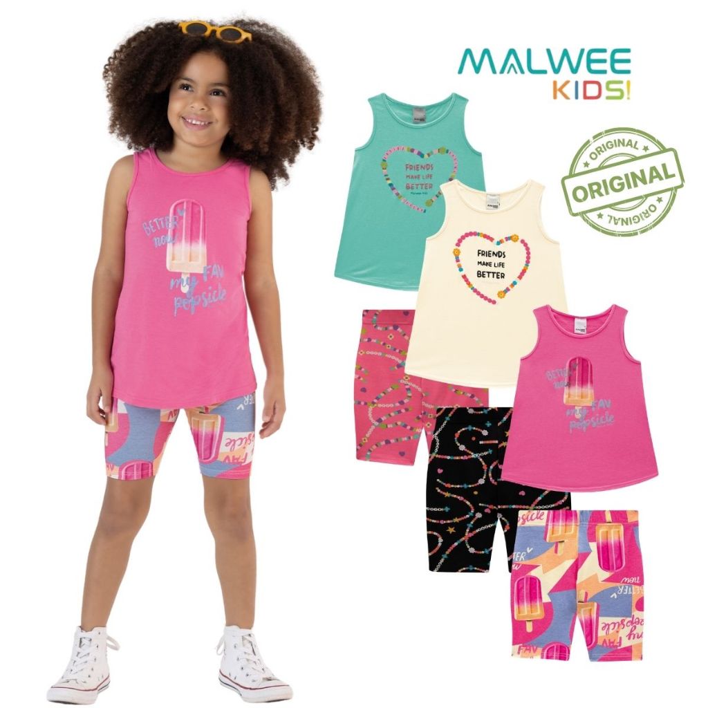 Conjunto Infantil Menina Regata Short Ciclista Verão Estampada Malwee Kids