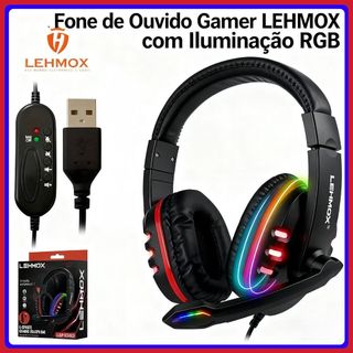 Fone de Ouvido Gamer Lehmox RGB com Microfone e Controle de Volume - Headset Para Games e…
