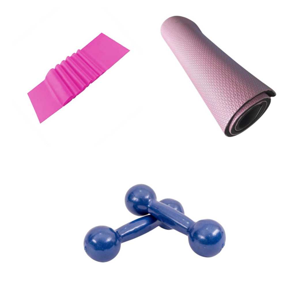 Kit Fitness com Halter 0,5kg + Tapete de Yoga + Elástico Grande para Exercícios e Alongamentos
