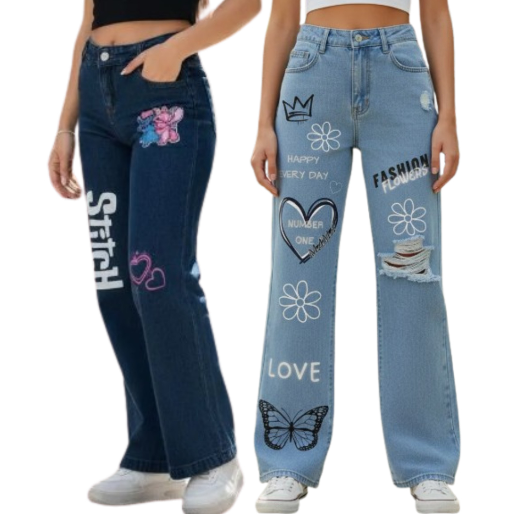 Kit 2 Calças Jeans Wide Leg Estampada Para Meninas