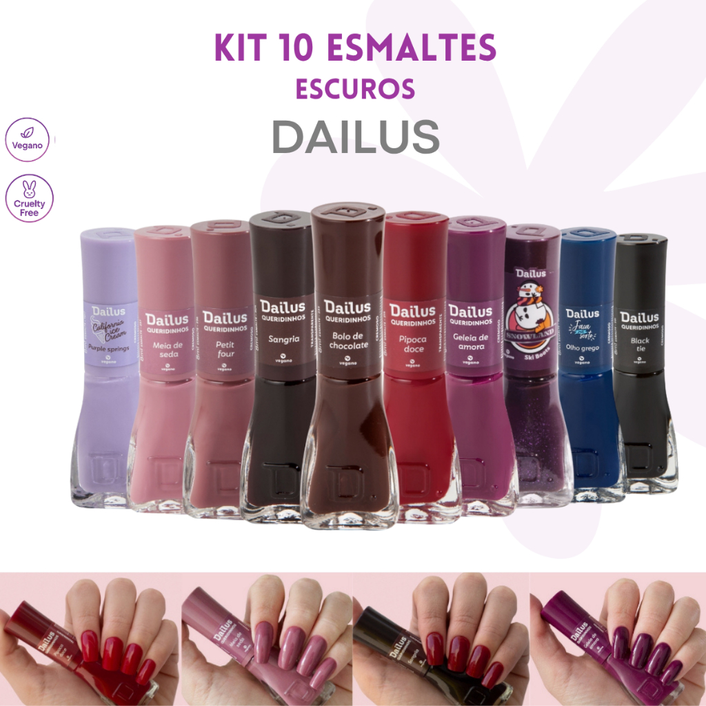 DAILUS UNHAS - KIT 10 ESMALTES - TONS ESCUROS - ATACADO | PROFISSIONAL - SECAGEM RÁPIDA