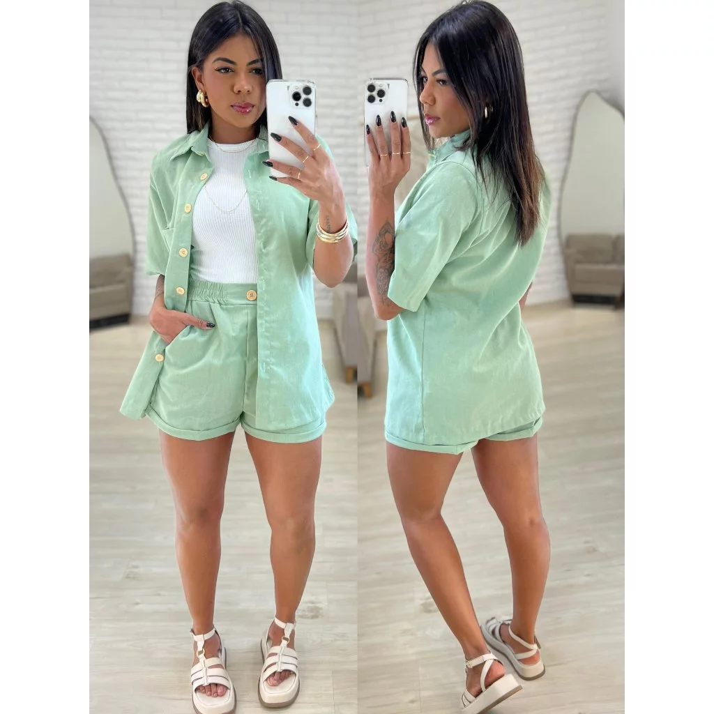 Conjunto Linho Feminino Manga Curta Verão – Blazer e Short Moda Casual Elegante