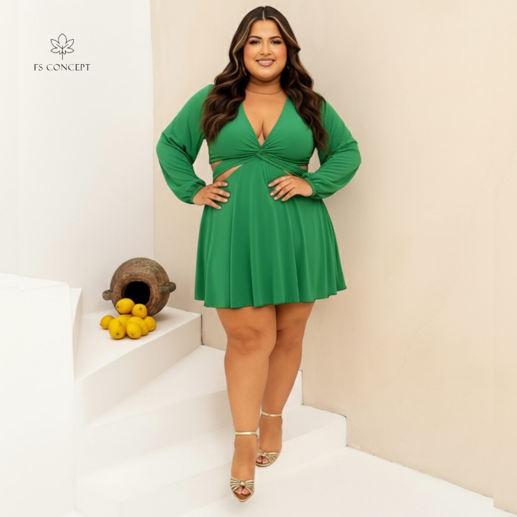Macaquinho Curto Manga Longa Decotado Elegante Sexy Vestido Plus Size Natal Ano Novo Vestido REF: Vanessa