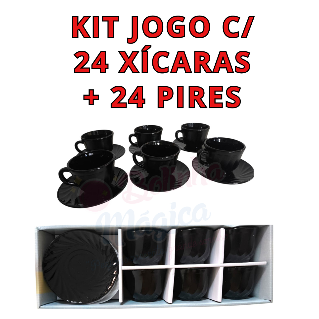 Kit Jogo Xícaras + Pires P/ Café Chá 190ml Preto Elegante Conjunto Completo Presente P/ Casa