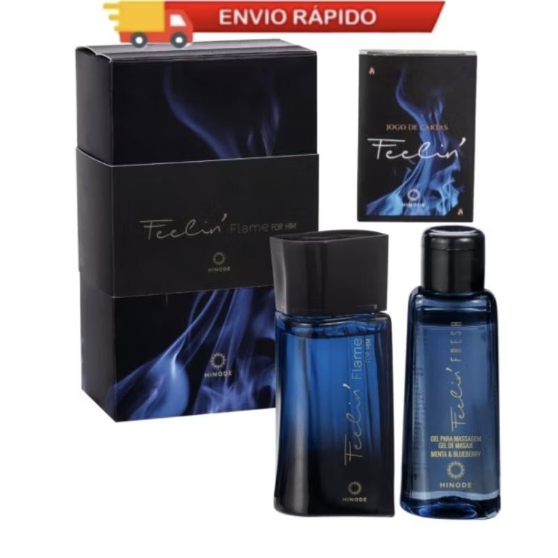 Kit 1 Perfume Feelin Flame For Him Masculino 100ml + Gel Hot Fresh Menta Blueberry 60g Hinode