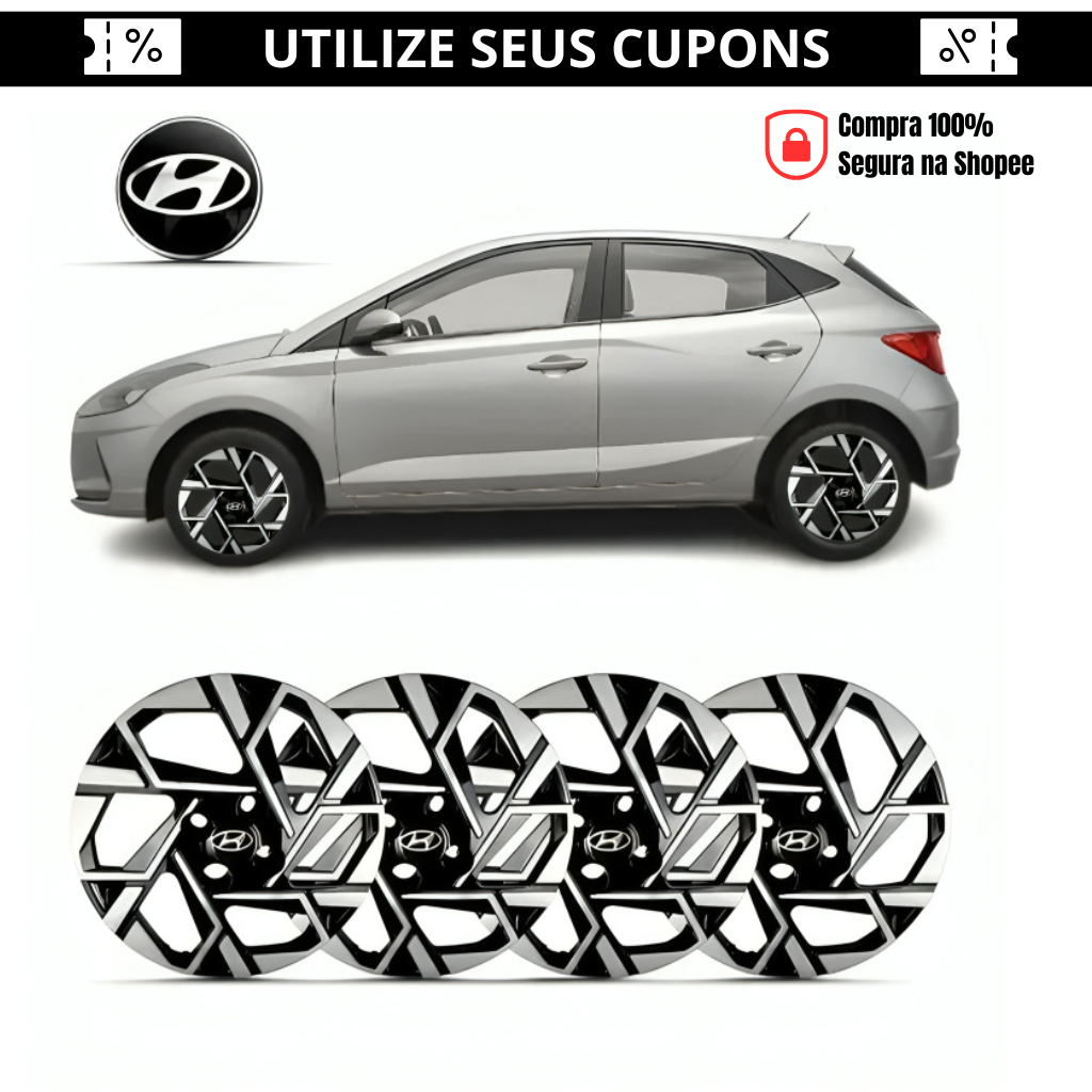 Kit 4 Calotas Aro 14 Hb20 2024 Diamantada Hb20s Capa de Roda Com Emblema Calotin