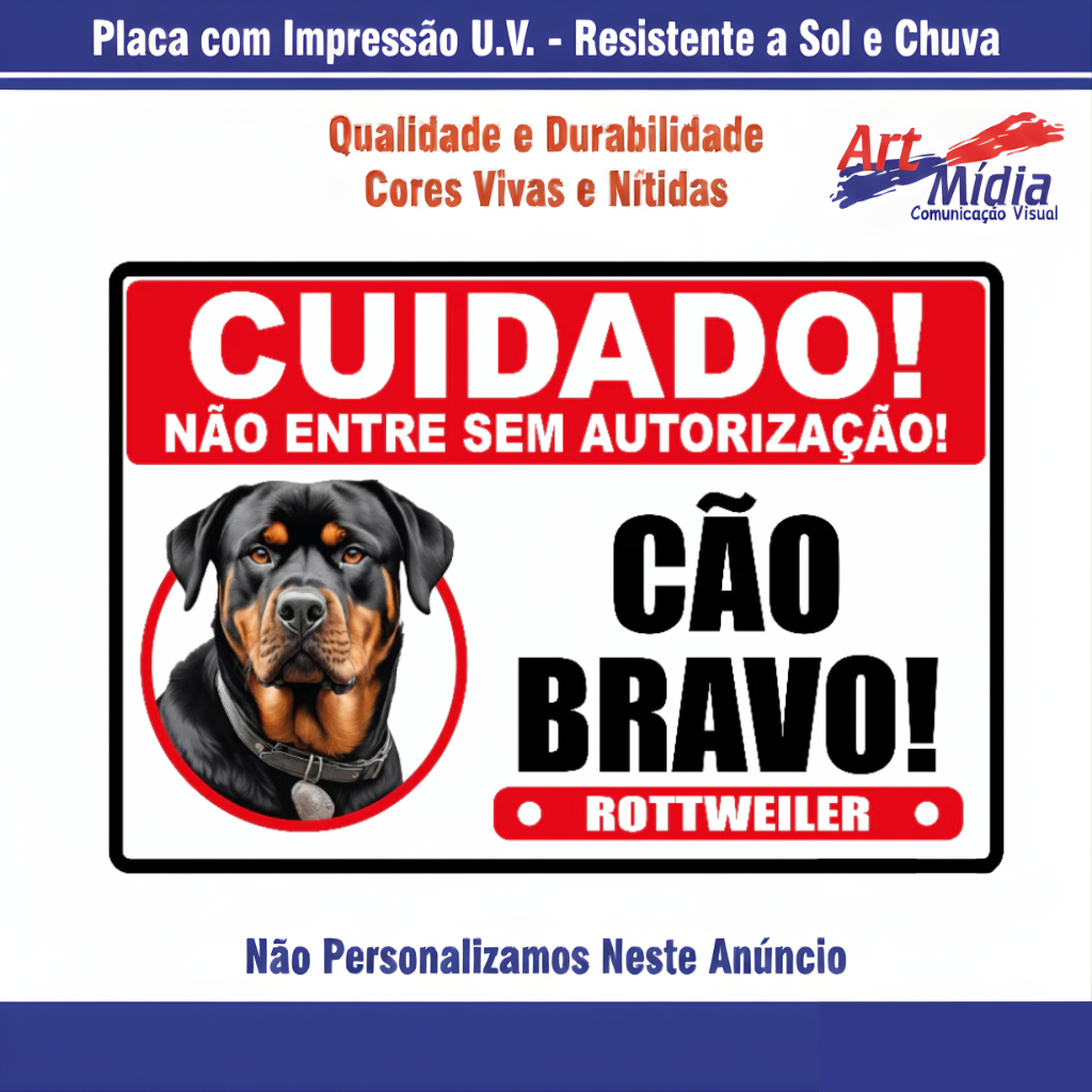 Placa de Sinalizaçao Cuidado Cão Bravo Rottweiler Resistente Pvc 19x28cm