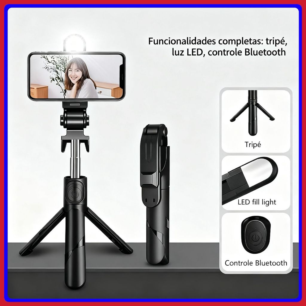 Selfie Stick Tripé com Luz LED e Controle Bluetooth, Extensível - Ideal para Reels, Vlogs e Fotos