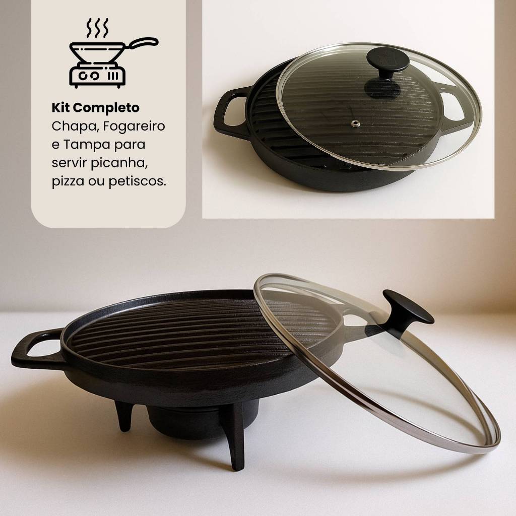 Kit Panela de Ferro Fundido com Fogareiro e Tampa de Vidro Rechaud Churrasco Grill